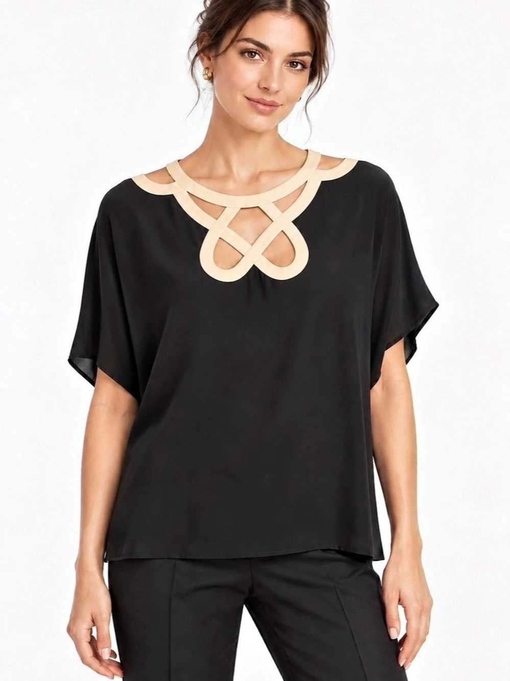 100% Silk Black Cream Cutout Blouse Small